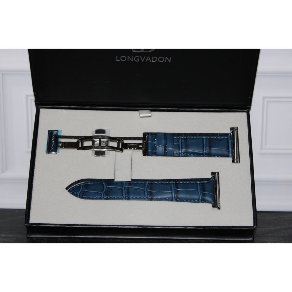 Longvadon Navy Blue Leather Apple Watch Band 42/44mm Silver NEW